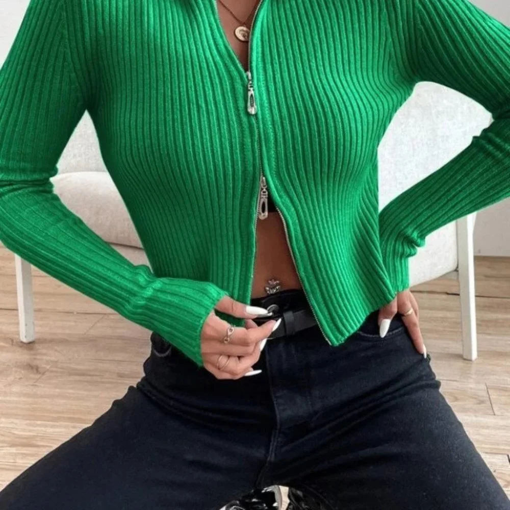 Zip up Front Knit Sweater Cardigan Green - Picture 7 of 10